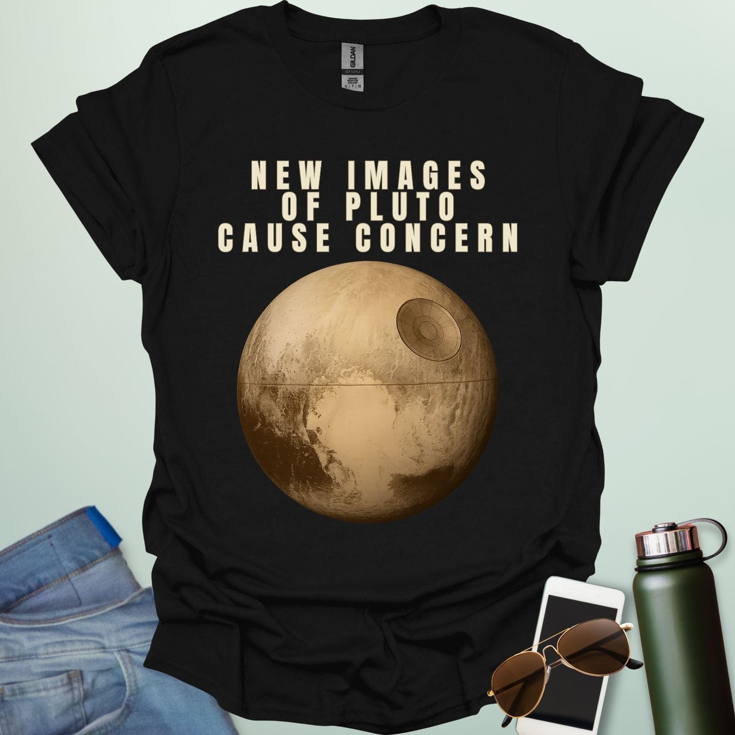‘New Images of Pluto Cause Concern’ space humor t-shirt with Pluto graphic — perfect for astronomy fans and geeks.