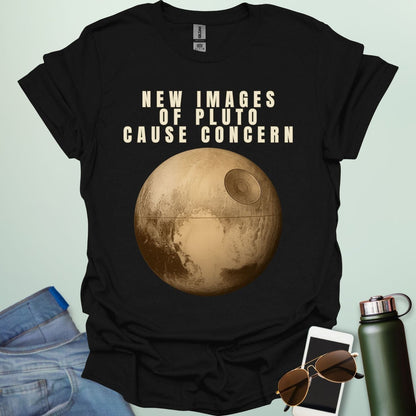 ‘New Images of Pluto Cause Concern’ space humor t-shirt with Pluto graphic — perfect for astronomy fans and geeks.