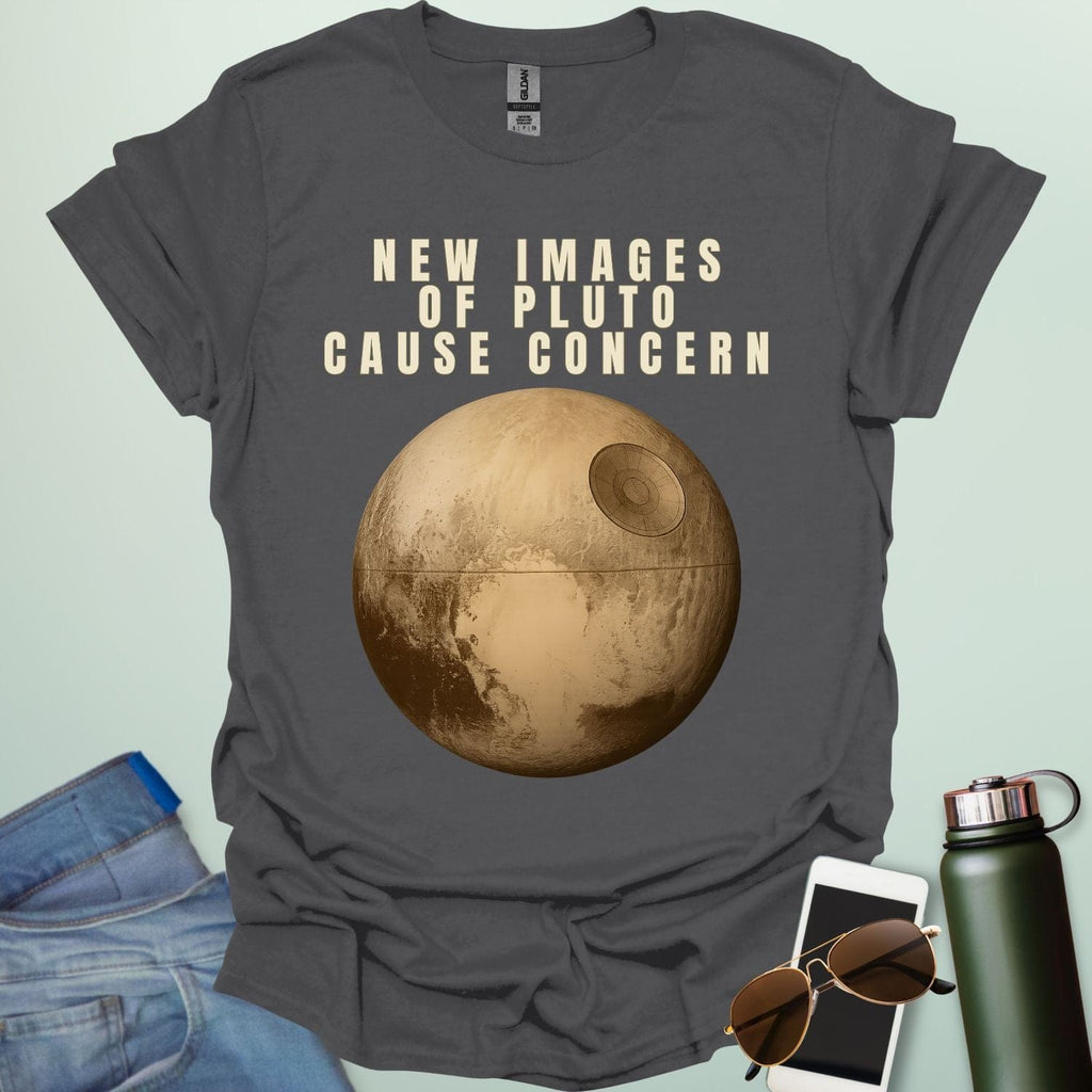 ‘New Images of Pluto Cause Concern’ space humor t-shirt with Pluto graphic — perfect for astronomy fans and geeks.