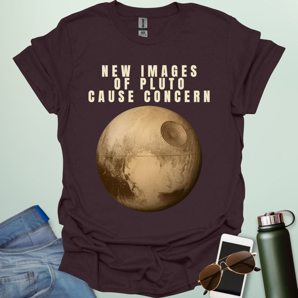‘New Images of Pluto Cause Concern’ space humor t-shirt with Pluto graphic — perfect for astronomy fans and geeks.