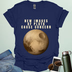 ‘New Images of Pluto Cause Concern’ space humor t-shirt with Pluto graphic — perfect for astronomy fans and geeks.