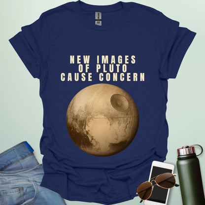 ‘New Images of Pluto Cause Concern’ space humor t-shirt with Pluto graphic — perfect for astronomy fans and geeks.