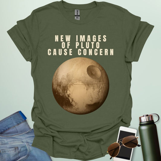 ‘New Images of Pluto Cause Concern’ space humor t-shirt with Pluto graphic — perfect for astronomy fans and geeks.