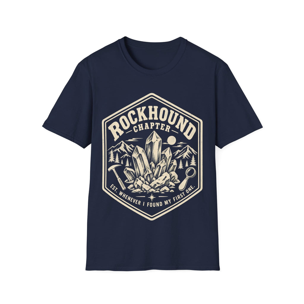 Vintage badge design featuring mineral crystals, a rock hammer, and a magnifying glass framed by mountains, with text reading 'ROCKHOUND CHAPTER - EST. WHENEVER I FOUND MY FIRST ONE.'