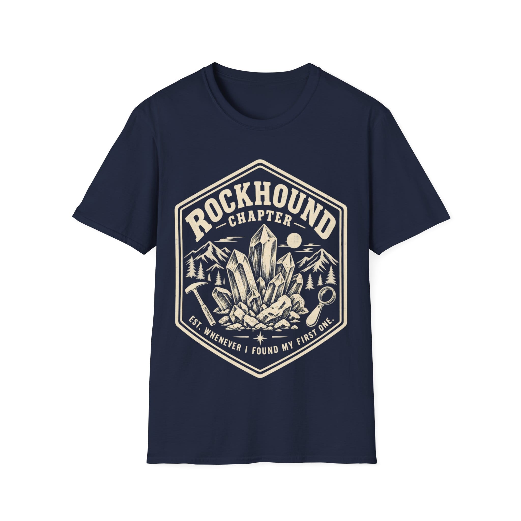 Vintage badge design featuring mineral crystals, a rock hammer, and a magnifying glass framed by mountains, with text reading 'ROCKHOUND CHAPTER - EST. WHENEVER I FOUND MY FIRST ONE.'