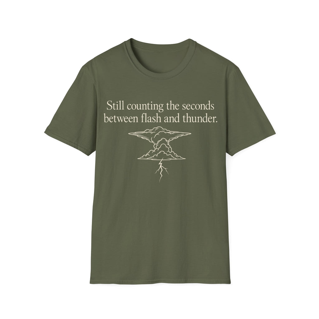Minimalist serif text reading 'Still counting the seconds between flash and thunder.' positioned above a line art illustration of a storm cloud with a lightning bolt.