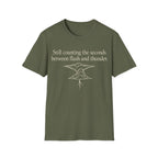 Minimalist serif text reading 'Still counting the seconds between flash and thunder.' positioned above a line art illustration of a storm cloud with a lightning bolt.