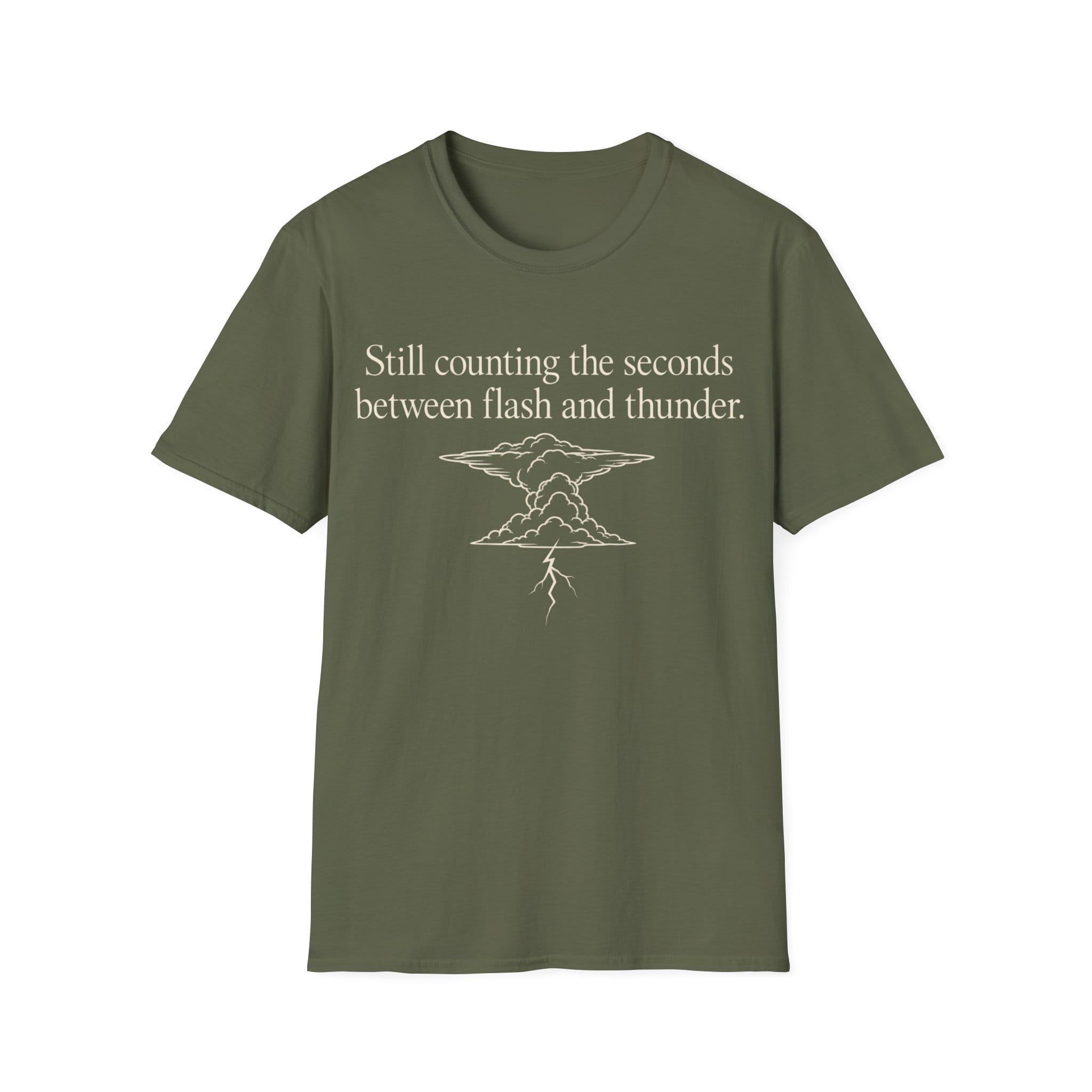 Minimalist serif text reading 'Still counting the seconds between flash and thunder.' positioned above a line art illustration of a storm cloud with a lightning bolt.