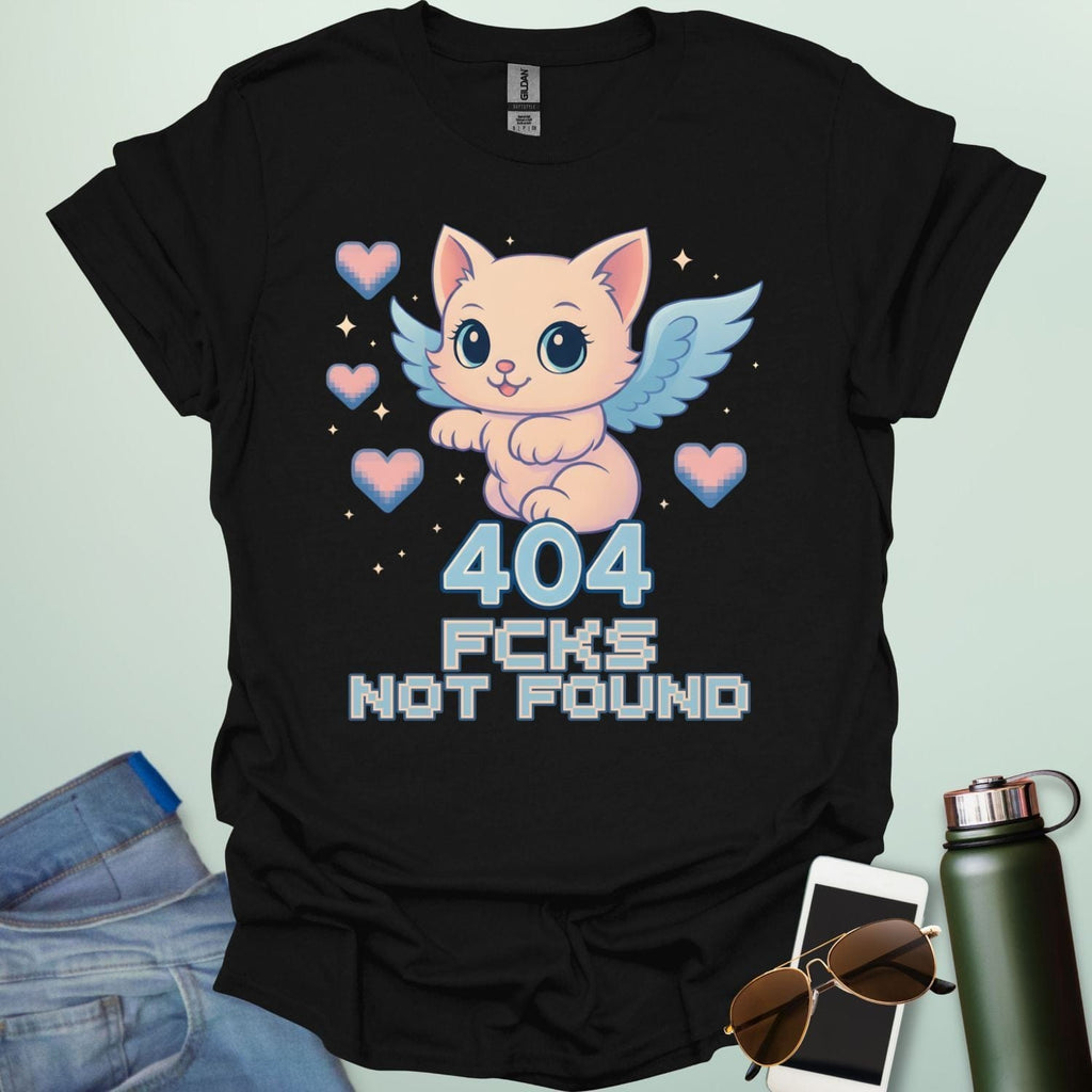 ‘404 F*cks Not Found’ t-shirt design with bold glitch/tech style lettering — a sarcastic error code humor tee.