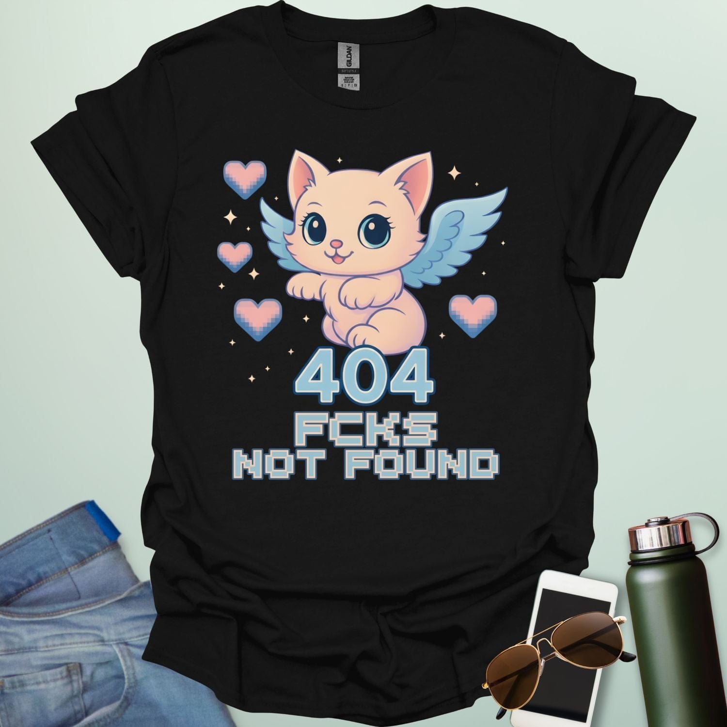 ‘404 F*cks Not Found’ t-shirt design with bold glitch/tech style lettering — a sarcastic error code humor tee.