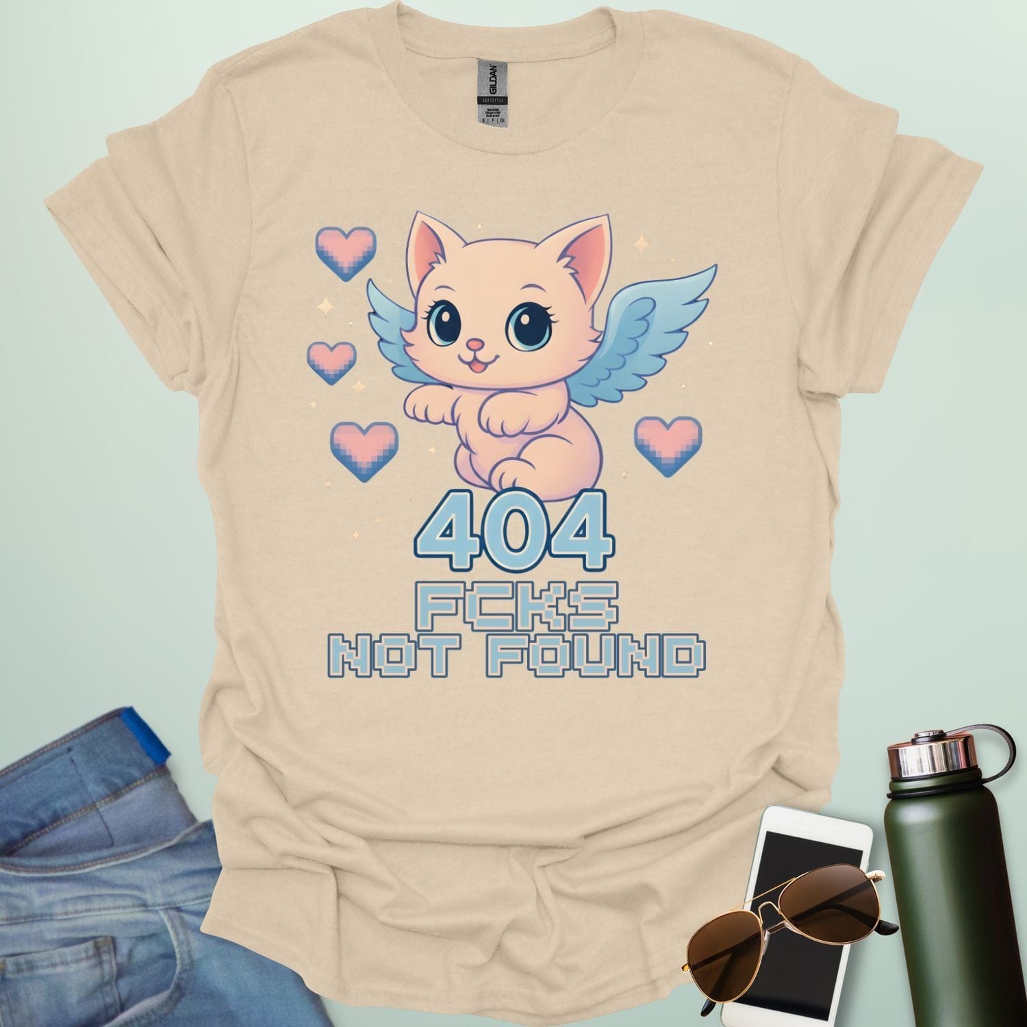 ‘404 F*cks Not Found’ t-shirt design with bold glitch/tech style lettering — a sarcastic error code humor tee.