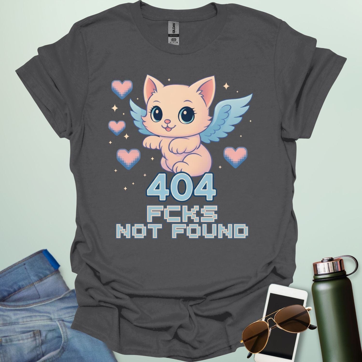 ‘404 F*cks Not Found’ t-shirt design with bold glitch/tech style lettering — a sarcastic error code humor tee.