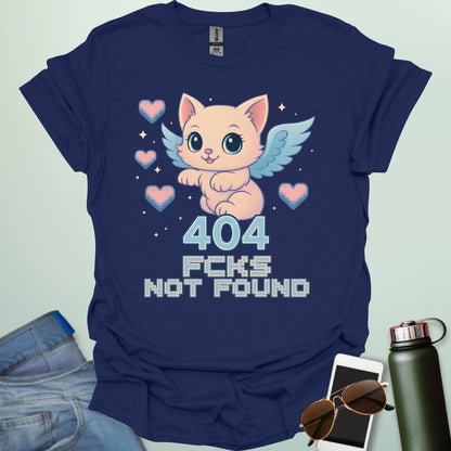 ‘404 F*cks Not Found’ t-shirt design with bold glitch/tech style lettering — a sarcastic error code humor tee.
