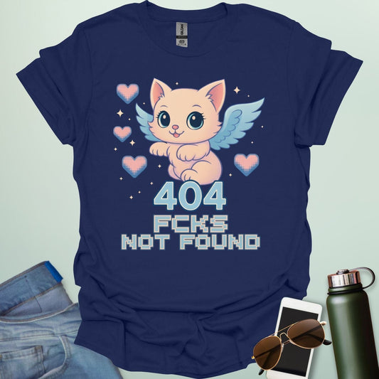 ‘404 F*cks Not Found’ t-shirt design with bold glitch/tech style lettering — a sarcastic error code humor tee.