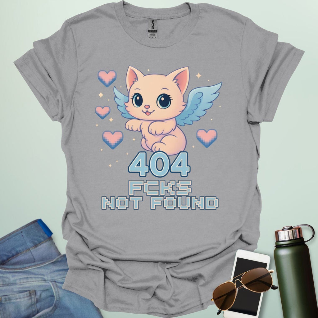 ‘404 F*cks Not Found’ t-shirt design with bold glitch/tech style lettering — a sarcastic error code humor tee.
