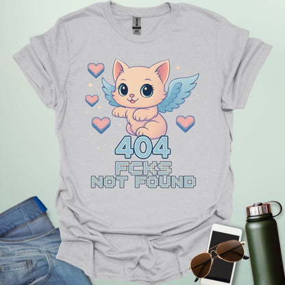 ‘404 F*cks Not Found’ t-shirt design with bold glitch/tech style lettering — a sarcastic error code humor tee.