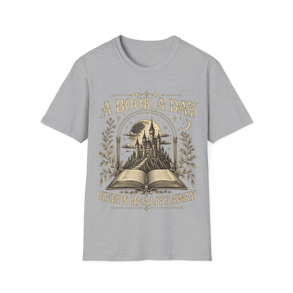 Vintage woodcut-style illustration of an open book revealing a glowing fantasy castle under a starry moonlit sky, framed by 'A BOOK A DAY KEEPS REALITY AWAY'.