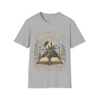 Vintage woodcut-style illustration of an open book revealing a glowing fantasy castle under a starry moonlit sky, framed by 'A BOOK A DAY KEEPS REALITY AWAY'.