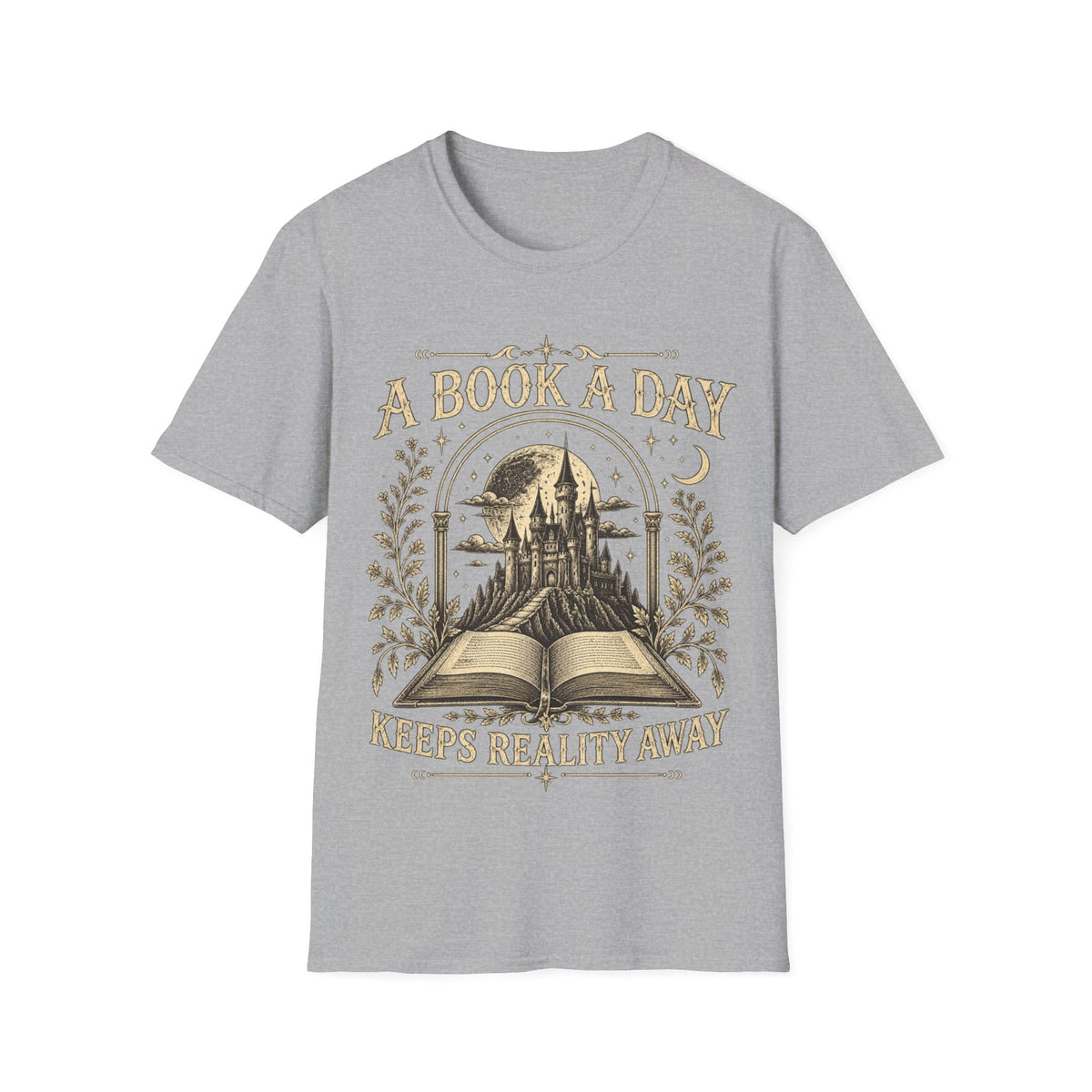 Vintage woodcut-style illustration of an open book revealing a glowing fantasy castle under a starry moonlit sky, framed by 'A BOOK A DAY KEEPS REALITY AWAY'.