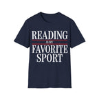 Bold graphic typography reading 'READING IS MY FAVORITE SPORT' framed by red horizontal rule lines.