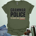 ‘Grammar Police: To Serve & Correct’ t-shirt with badge-style typography — witty grammar humor shirt for editors, teachers, and word nerds.