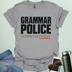 ‘Grammar Police: To Serve & Correct’ t-shirt with badge-style typography — witty grammar humor shirt for editors, teachers, and word nerds.