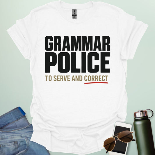 ‘Grammar Police: To Serve & Correct’ t-shirt with badge-style typography — witty grammar humor shirt for editors, teachers, and word nerds.
