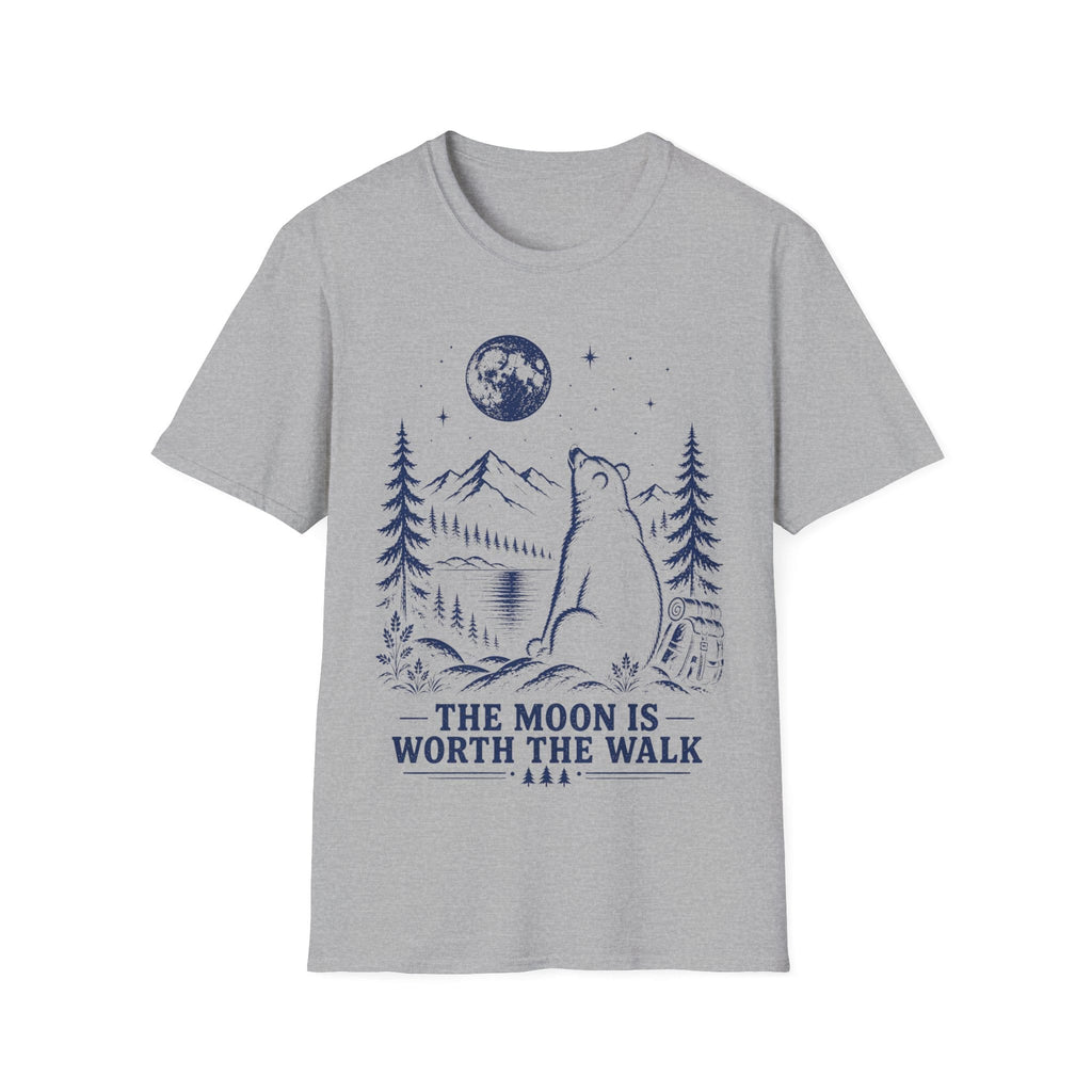 Vintage linocut-style illustration of a bear sitting beside a backpack, gazing up at a full moon over mountains and pine trees with text reading 'THE MOON IS WORTH THE WALK'.