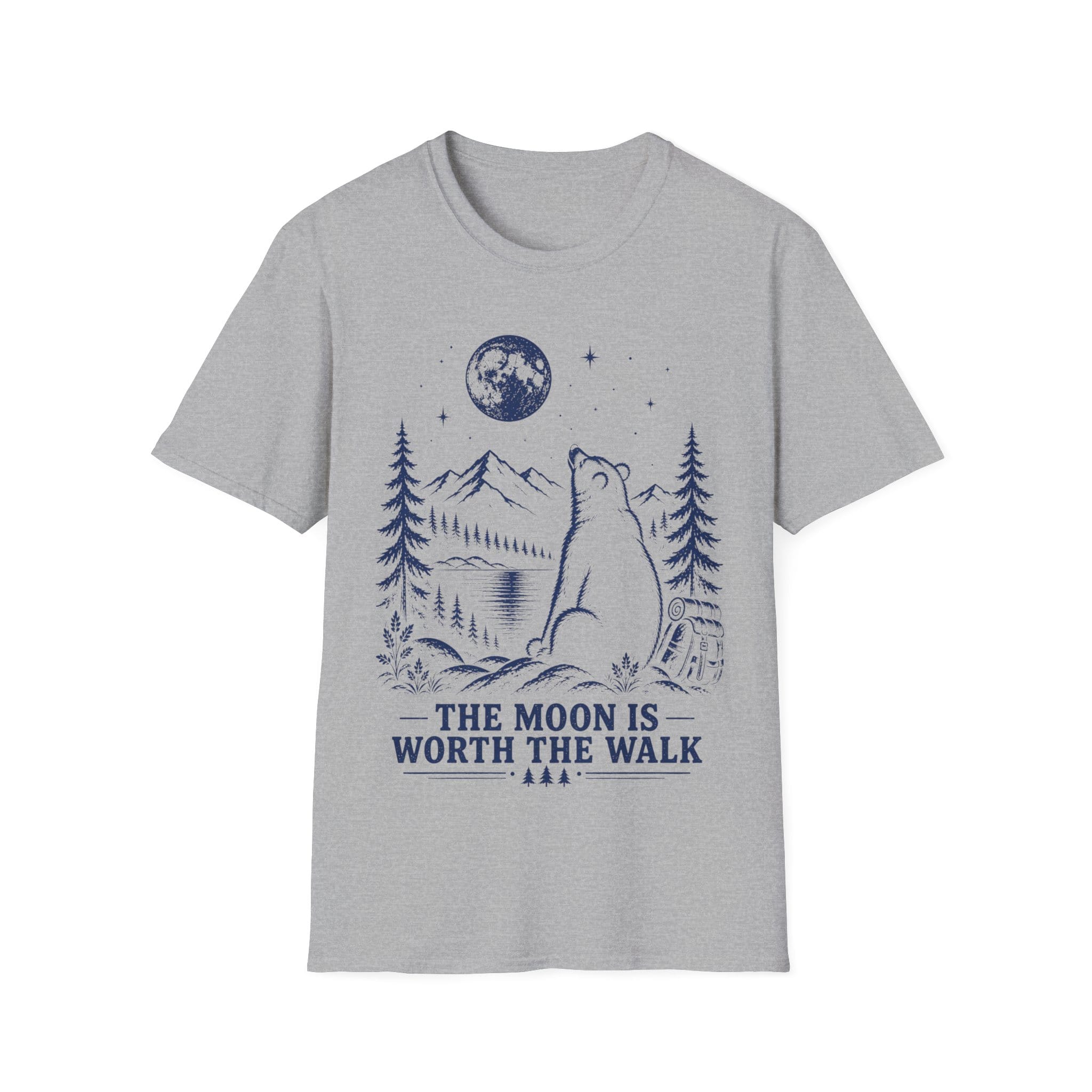 Vintage linocut-style illustration of a bear sitting beside a backpack, gazing up at a full moon over mountains and pine trees with text reading 'THE MOON IS WORTH THE WALK'.