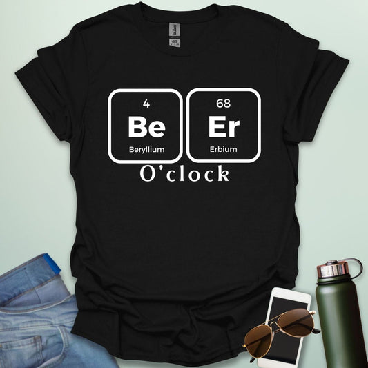 A funny chemistry t-shirt featuring a periodic table pun for 'Beer O'clock' using the elements Beryllium (Be) and Erbium (Er).