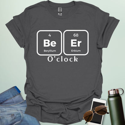A funny chemistry t-shirt featuring a periodic table pun for 'Beer O'clock' using the elements Beryllium (Be) and Erbium (Er).