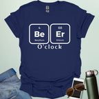 A funny chemistry t-shirt featuring a periodic table pun for 'Beer O'clock' using the elements Beryllium (Be) and Erbium (Er).