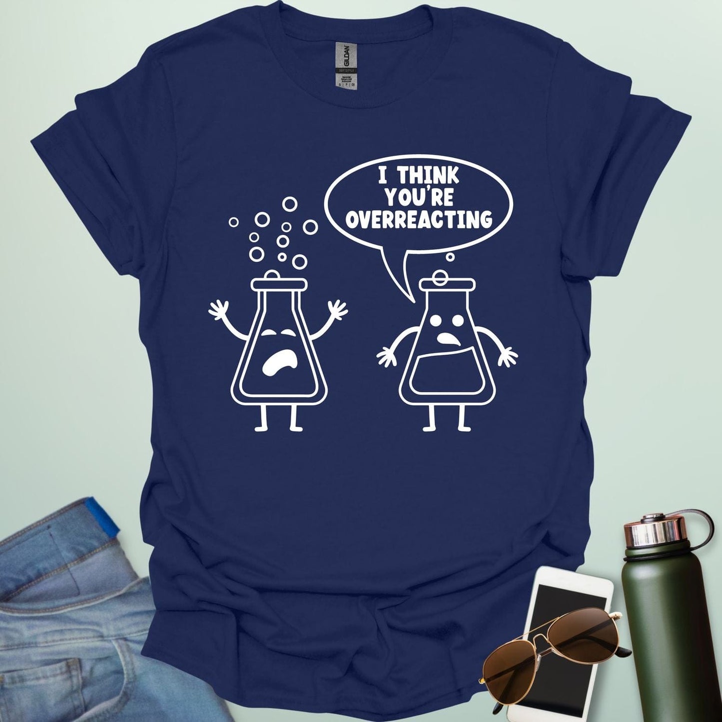 Navy Blue t-shirt with 2 line art science flasks with text "I THINK YOU'RE OVERREACTING"