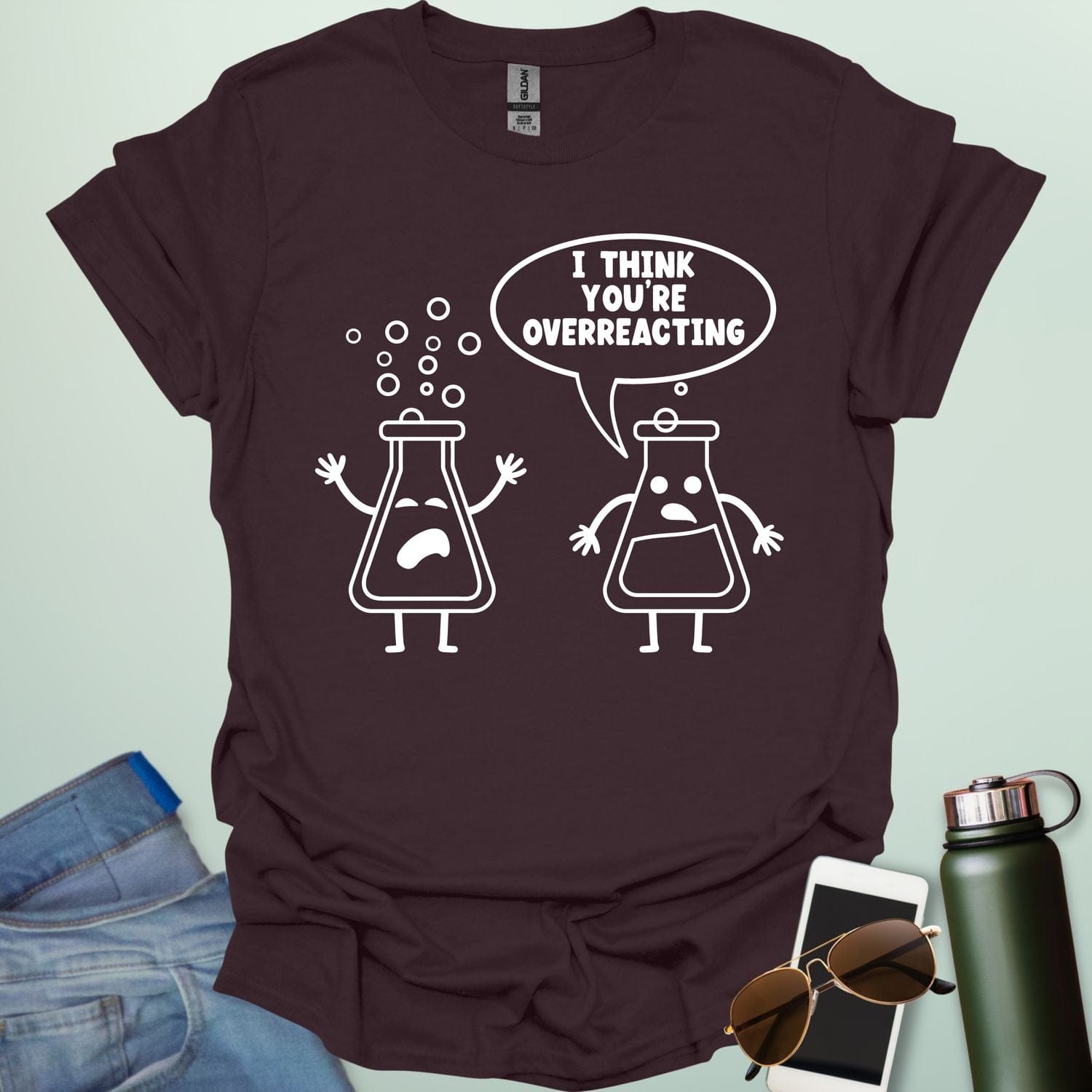 Dark chocolate t-shirt with 2 line art science flasks with text "I THINK YOU'RE OVERREACTING"