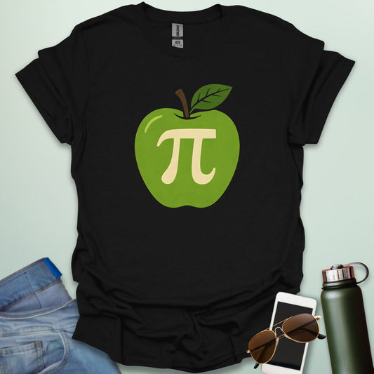 Apple Pi' t-shirt with a green apple graphic and a beige-colored Pi symbol inside.