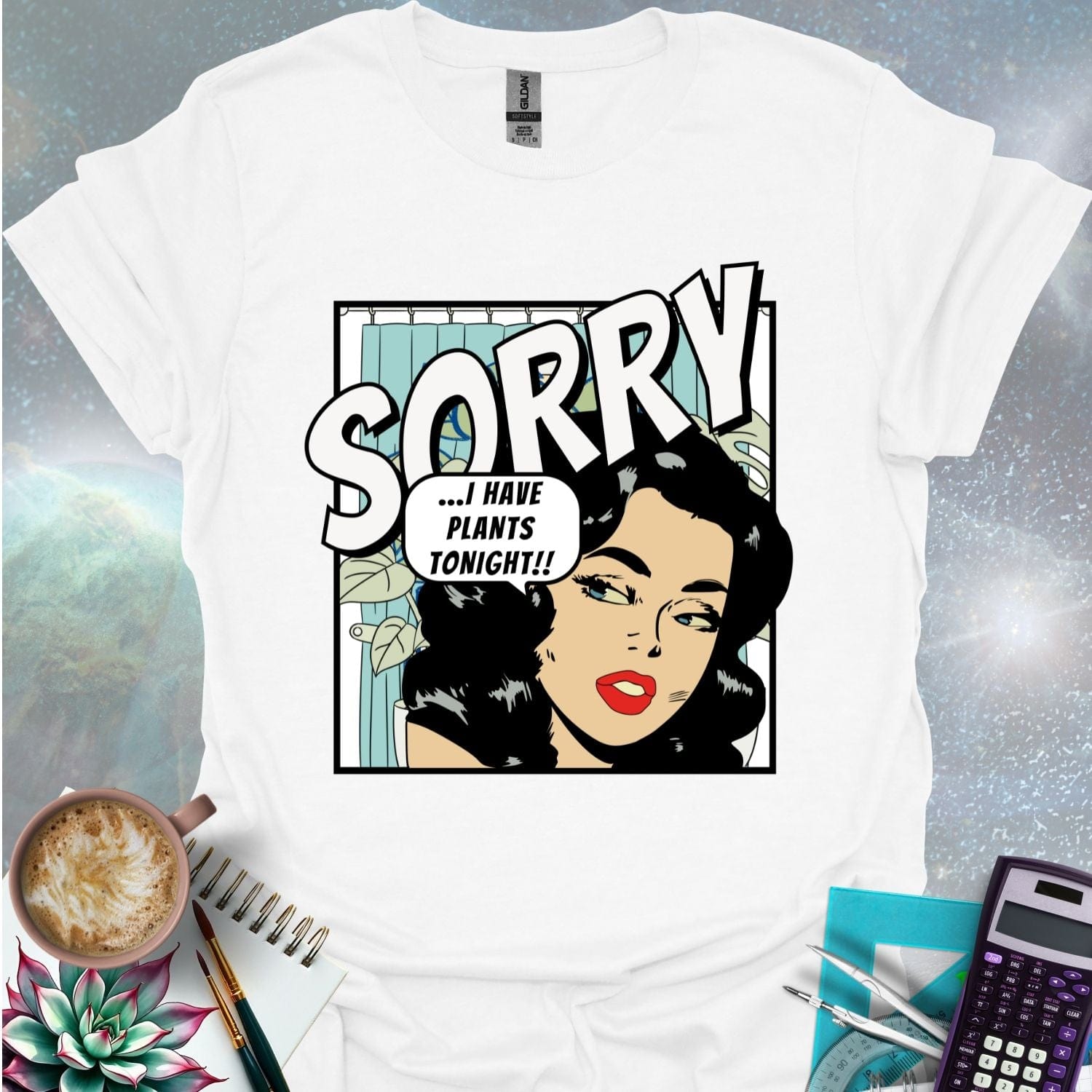 A stylized comic book illustration of a woman with dark curly hair and red lipstick looking sideways with a slightly apologetic expression. A thought bubble above her reads '...I HAVE PLANTS TONIGHT!!' The word 'SORRY' is printed in large, bold, angled letters above her head. A hint of indoor plants and a shower curtain are visible in the background.