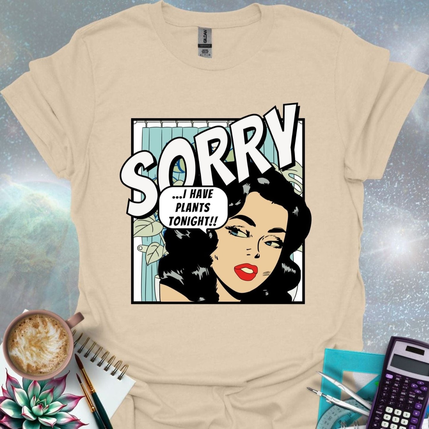 A stylized comic book illustration of a woman with dark curly hair and red lipstick looking sideways with a slightly apologetic expression. A thought bubble above her reads '...I HAVE PLANTS TONIGHT!!' The word 'SORRY' is printed in large, bold, angled letters above her head. A hint of indoor plants and a shower curtain are visible in the background.