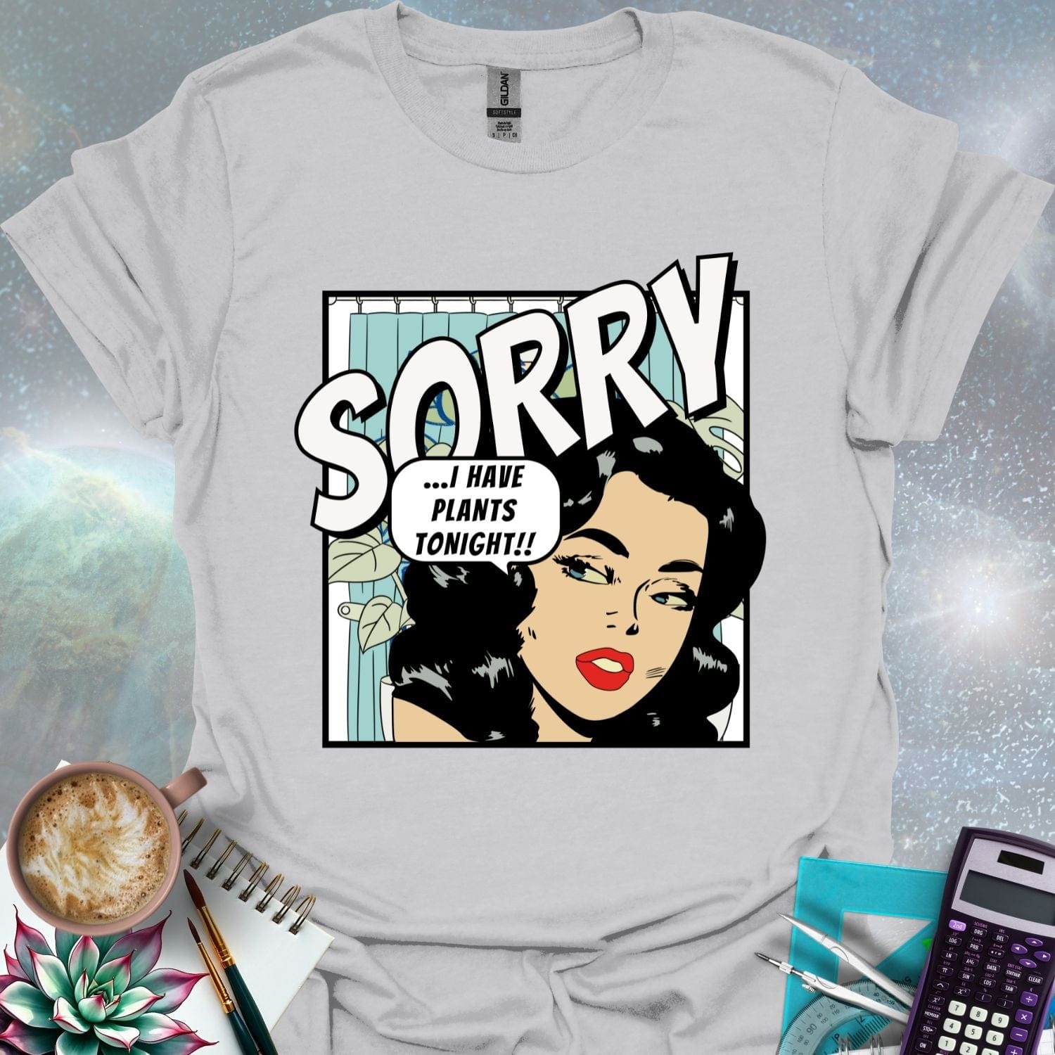 A stylized comic book illustration of a woman with dark curly hair and red lipstick looking sideways with a slightly apologetic expression. A thought bubble above her reads '...I HAVE PLANTS TONIGHT!!' The word 'SORRY' is printed in large, bold, angled letters above her head. A hint of indoor plants and a shower curtain are visible in the background.