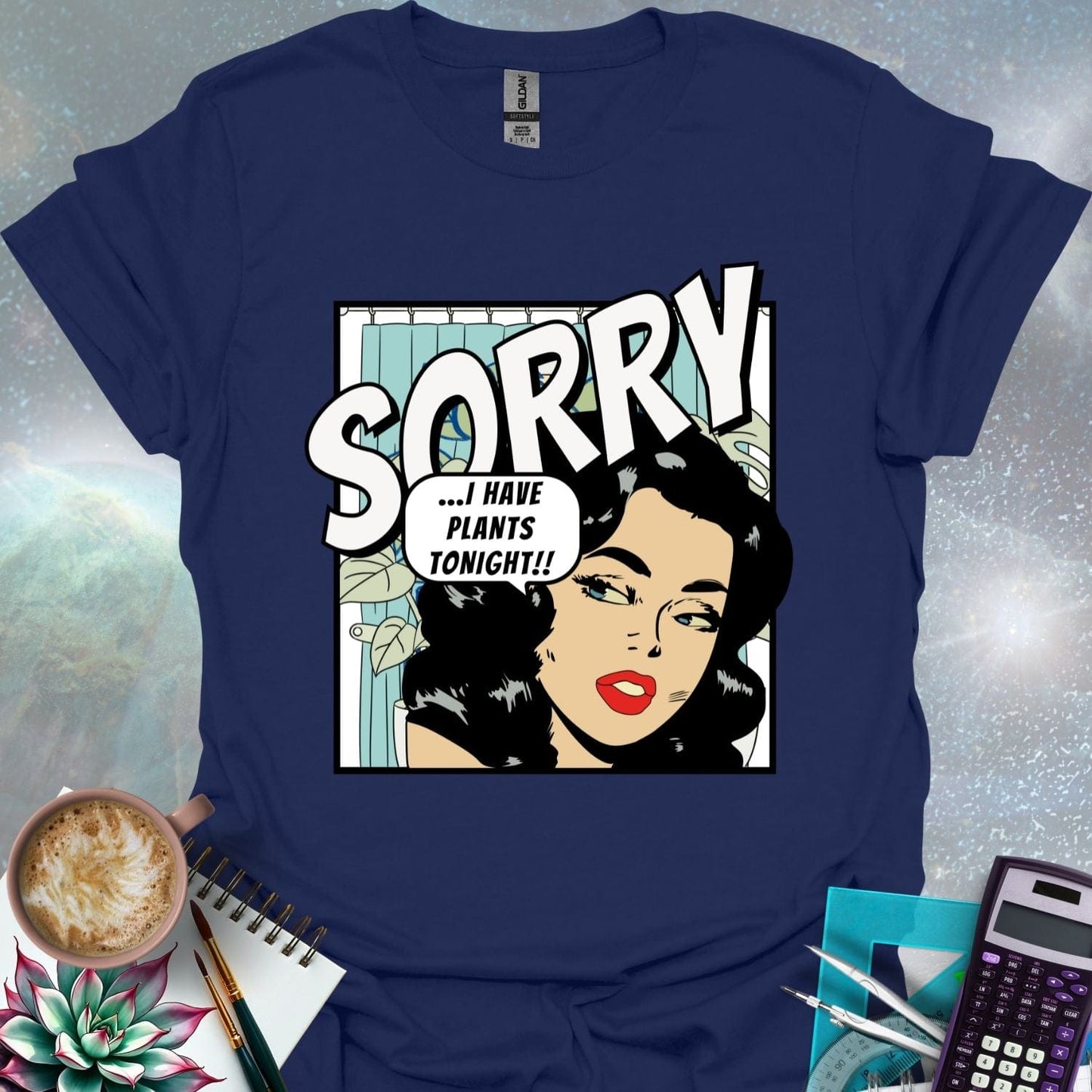A stylized comic book illustration of a woman with dark curly hair and red lipstick looking sideways with a slightly apologetic expression. A thought bubble above her reads '...I HAVE PLANTS TONIGHT!!' The word 'SORRY' is printed in large, bold, angled letters above her head. A hint of indoor plants and a shower curtain are visible in the background.