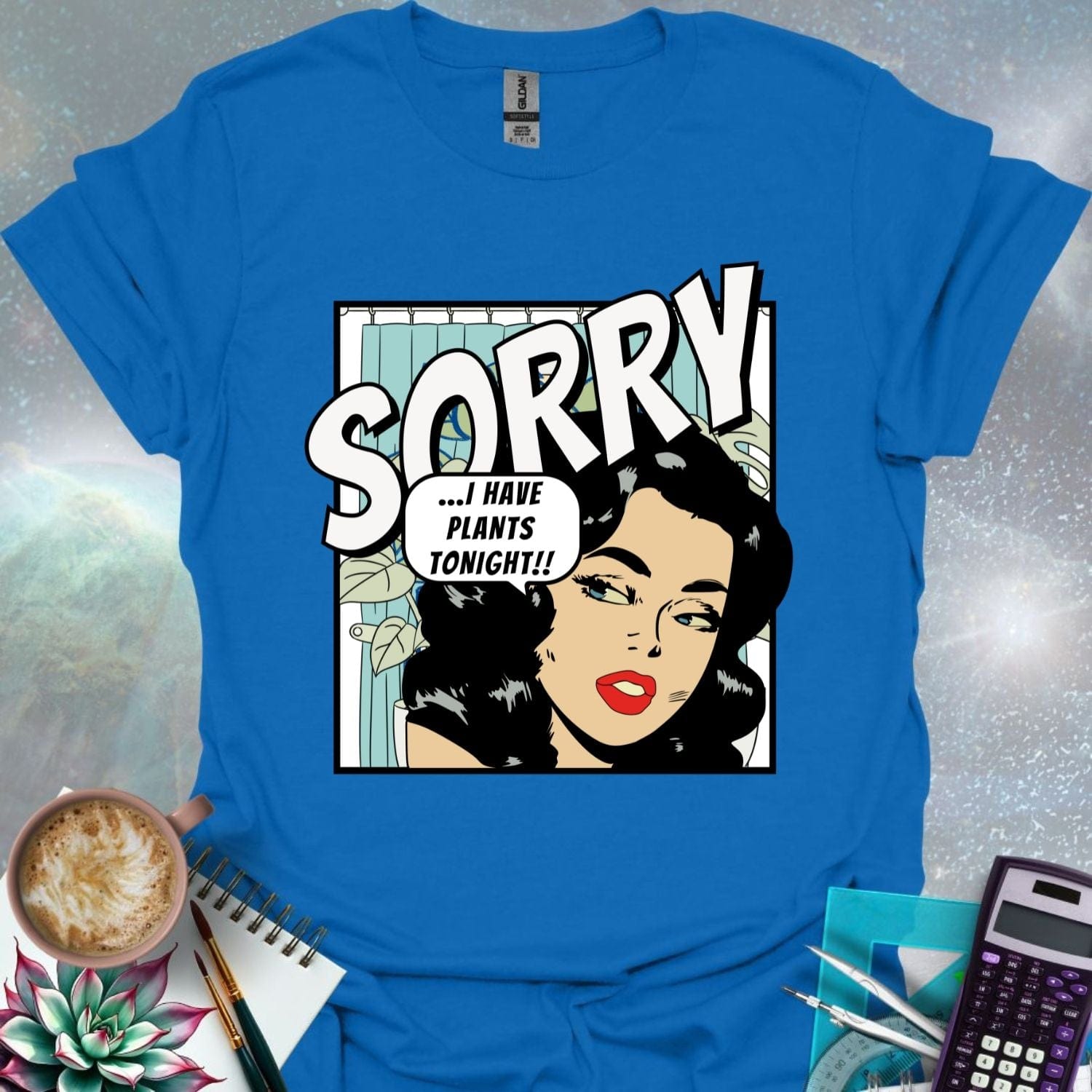 A stylized comic book illustration of a woman with dark curly hair and red lipstick looking sideways with a slightly apologetic expression. A thought bubble above her reads '...I HAVE PLANTS TONIGHT!!' The word 'SORRY' is printed in large, bold, angled letters above her head. A hint of indoor plants and a shower curtain are visible in the background.