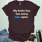 A graphic illustration of multiple computer browser tabs stacked on top of each other with the text "I HAVE TOO MANY TABS OPEN IN MY BRAIN."