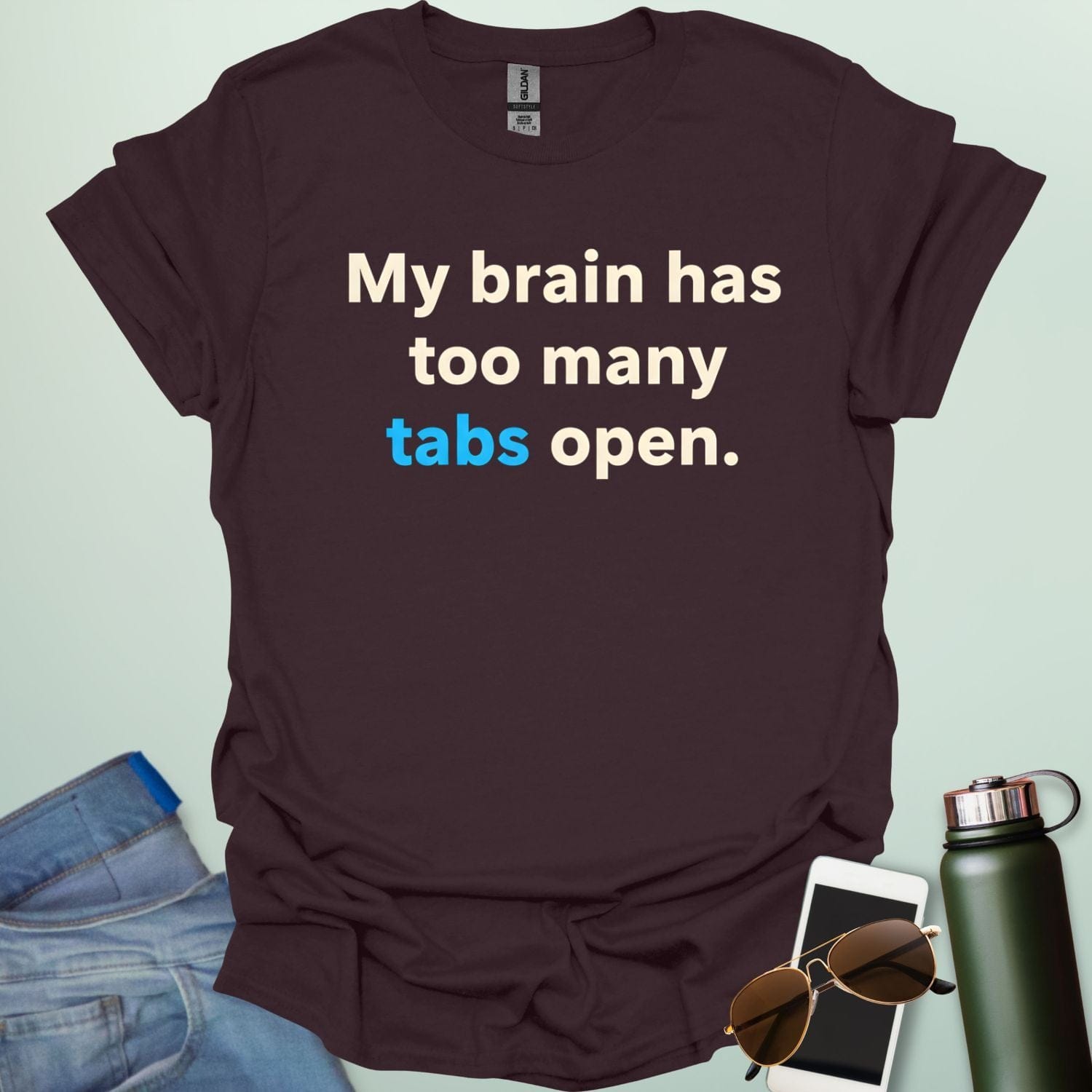 A graphic illustration of multiple computer browser tabs stacked on top of each other with the text "I HAVE TOO MANY TABS OPEN IN MY BRAIN."