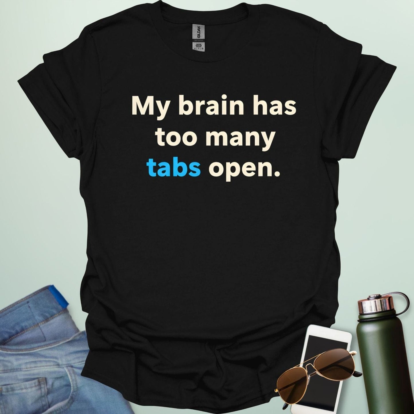 A graphic illustration of multiple computer browser tabs stacked on top of each other with the text "I HAVE TOO MANY TABS OPEN IN MY BRAIN."