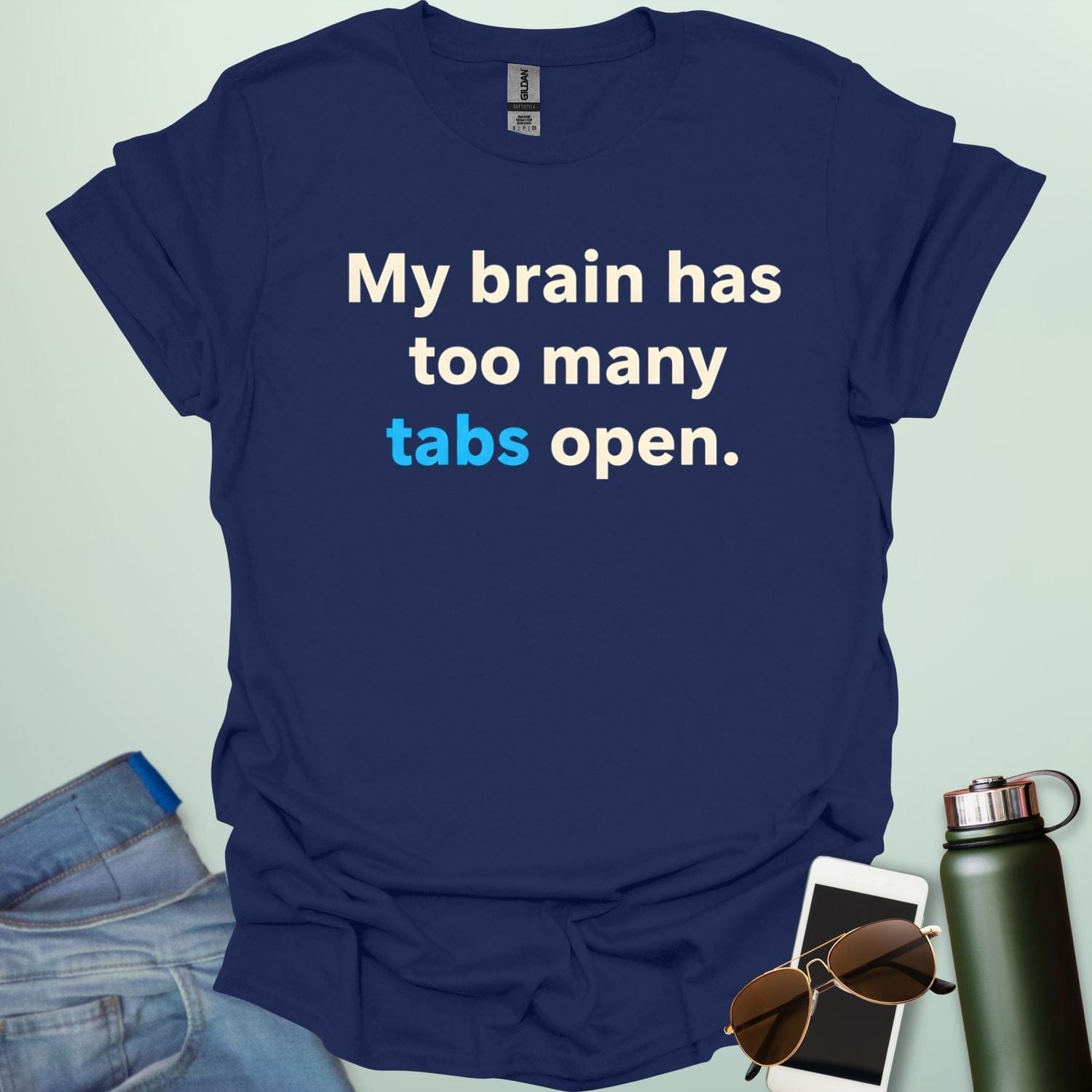 A graphic illustration of multiple computer browser tabs stacked on top of each other with the text "I HAVE TOO MANY TABS OPEN IN MY BRAIN."