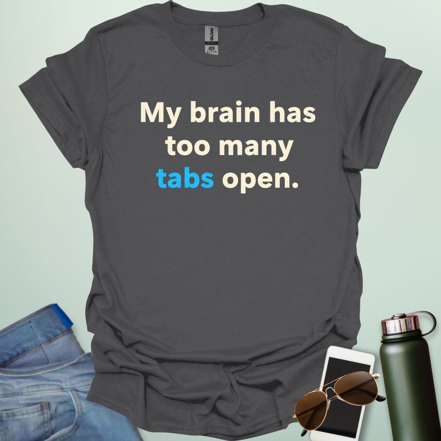 A graphic illustration of multiple computer browser tabs stacked on top of each other with the text "I HAVE TOO MANY TABS OPEN IN MY BRAIN."