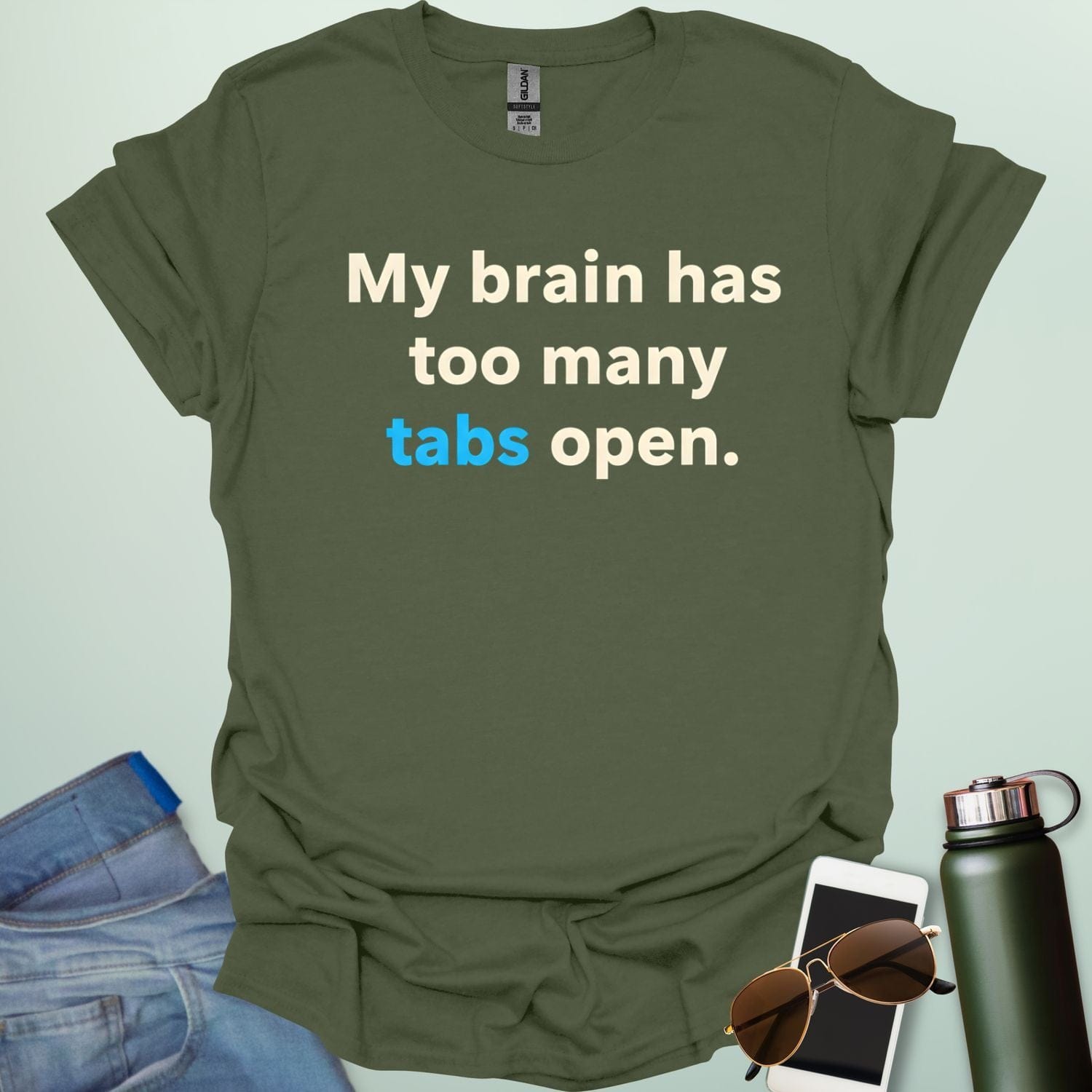 A graphic illustration of multiple computer browser tabs stacked on top of each other with the text "I HAVE TOO MANY TABS OPEN IN MY BRAIN."