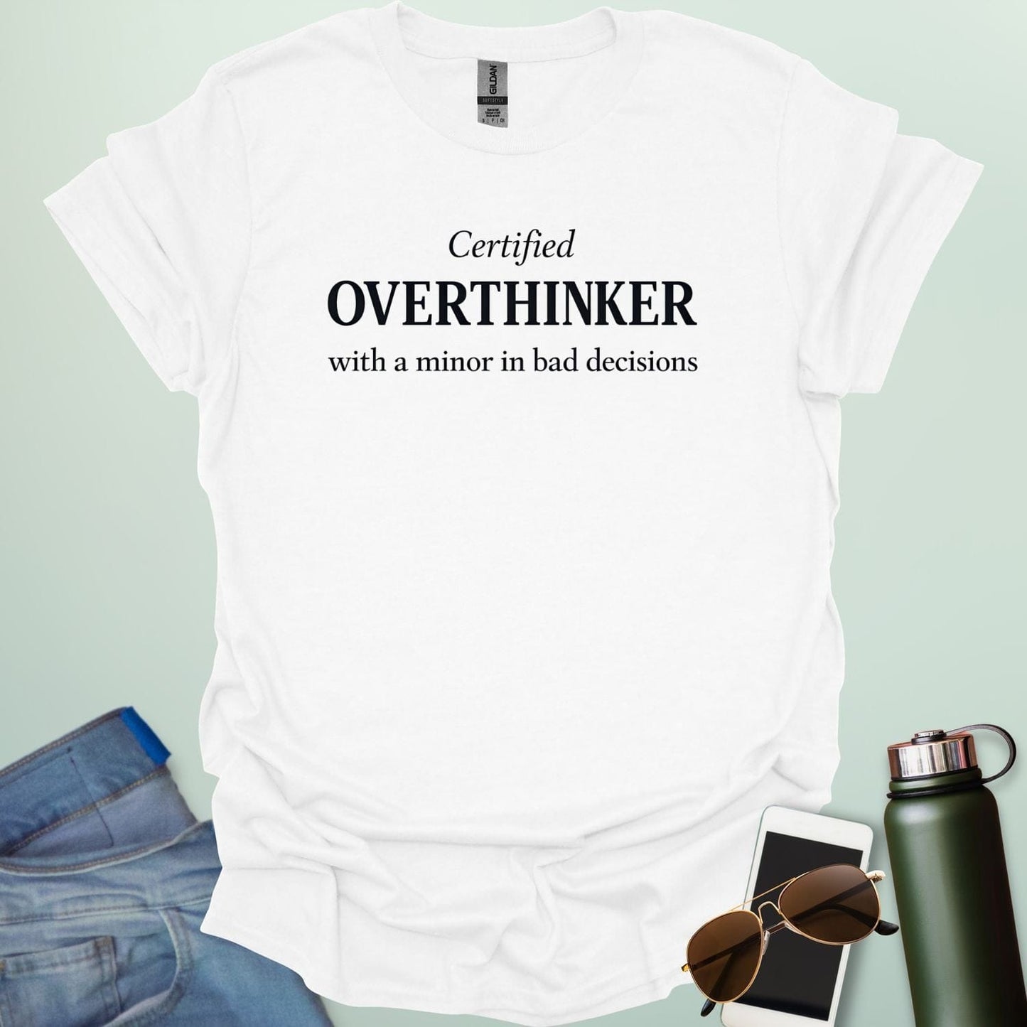 A vintage badge-style design with stars and a laurel wreath surrounding the bold text "CERTIFIED OVERTHINKER" in a classic athletic font.