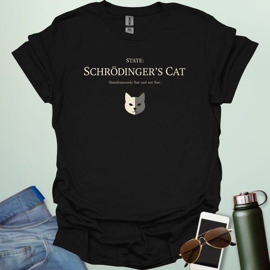 A clever physics graphic featuring a cat in a box with two status indicators labeled "FINE" and "NOT FINE" to represent the quantum superposition paradox.