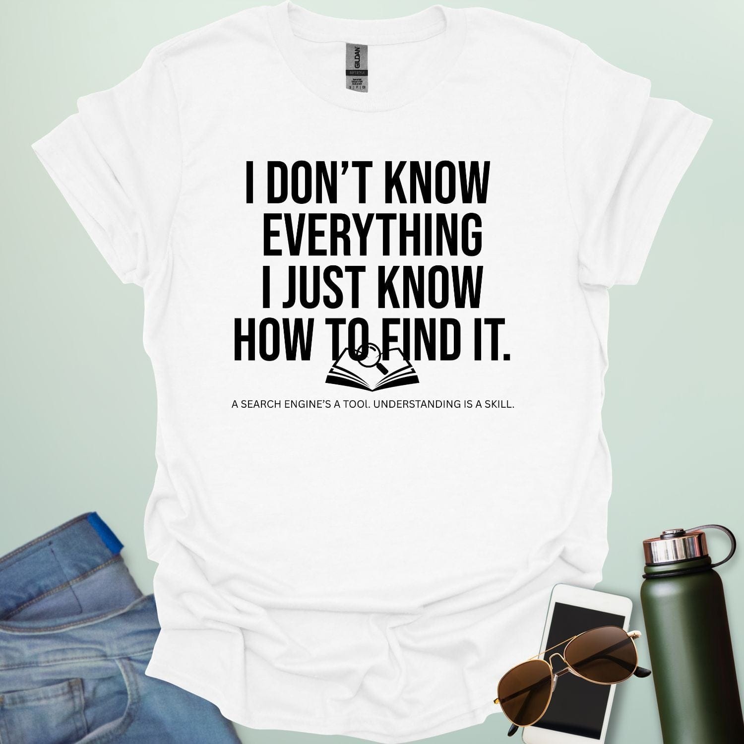 A minimalist graphic design featuring a magnifying glass icon next to the bold, confident text "I CAN FIND IT" in a clean, modern font.