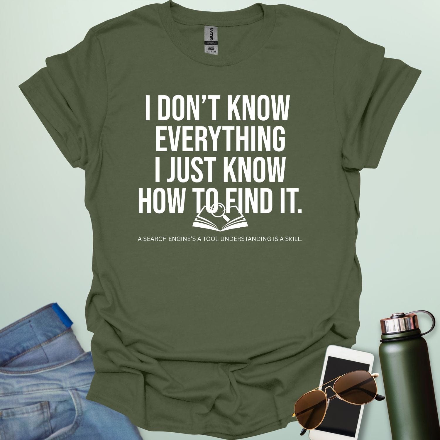 A minimalist graphic design featuring a magnifying glass icon next to the bold, confident text "I CAN FIND IT" in a clean, modern font.